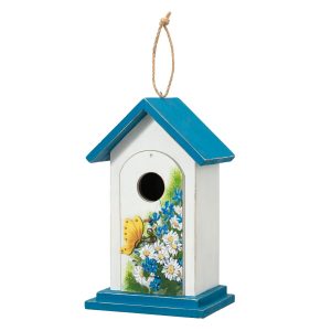Glitzhome 11.75" H Distressed Solid Wood Daisy with Butterfly Birdhouses - White