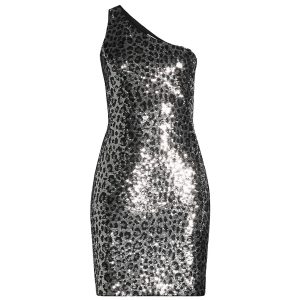 Women's Asymmetric Cheetah Sequin Dress - Silver - Size XS