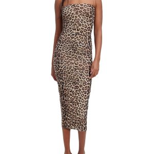 Women's Ruched Mesh Midi-Dress - Good Leopard - Size XXXXXL