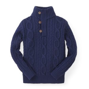 Hope & Henry Boys' Mock Neck Cable Sweater with Buttons, Kids - Navy