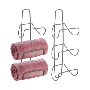 mDesign Metal Wall Mount Towel Organizer Rack, 3 Shelves, 2 Pack - Graphite gray