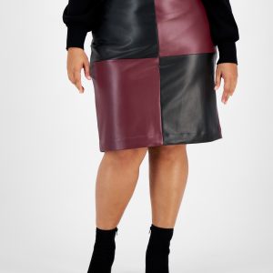 Bar Iii Plus Size Colorblocked Faux-Leather Skirt, Created for Macy's - Black/Carrubo