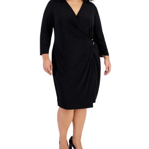 Kasper Plus Size Hardware-Trim Faux-Wrap Knit Dress - Black