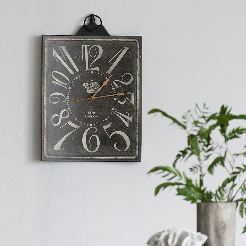 Large Vintage Black Rectangular Wall Clock with White Numerals The