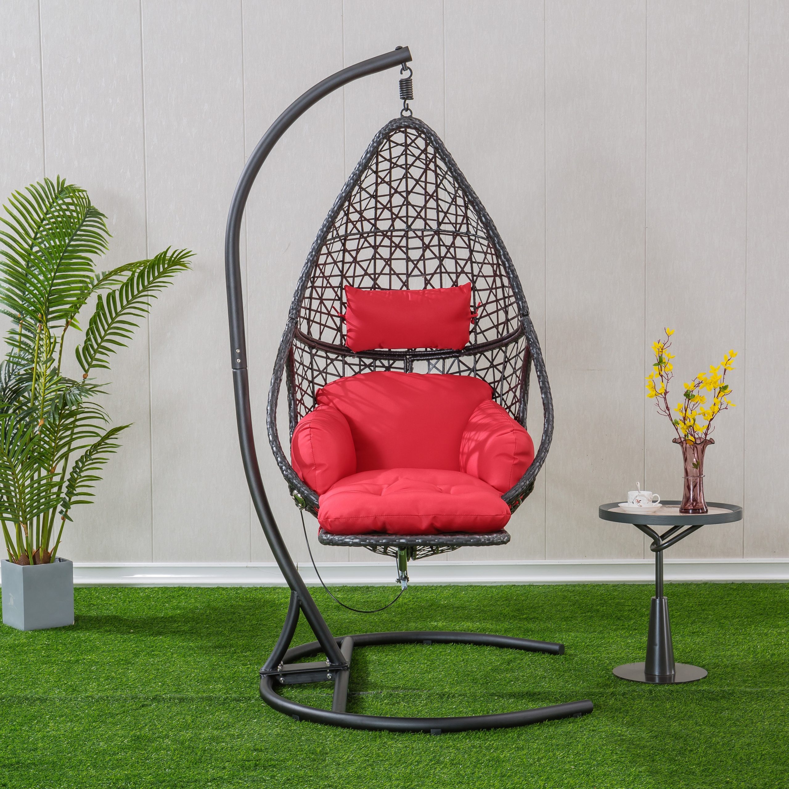 Patio PE Rattan Swing Chair With Stand and Leg Rest for Balcony The